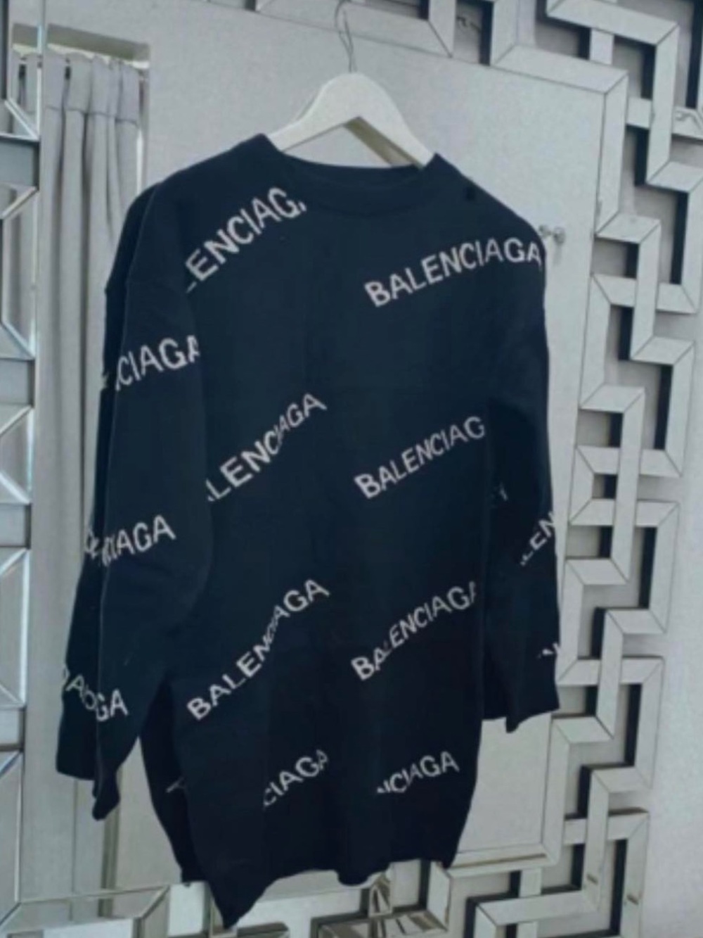 Balenciaga Black Crewneck Sweater dress with White Logo Print